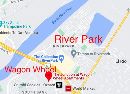 Map Location for Oxford Flats, Park Place and River Park in Oxnard, California. Map Location for Oxford Flats, Park Place and River Park in Oxnard, California.