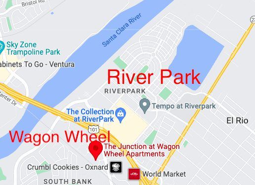 Map Location for Oxford Flats, Park Place and River Park in Oxnard, California.