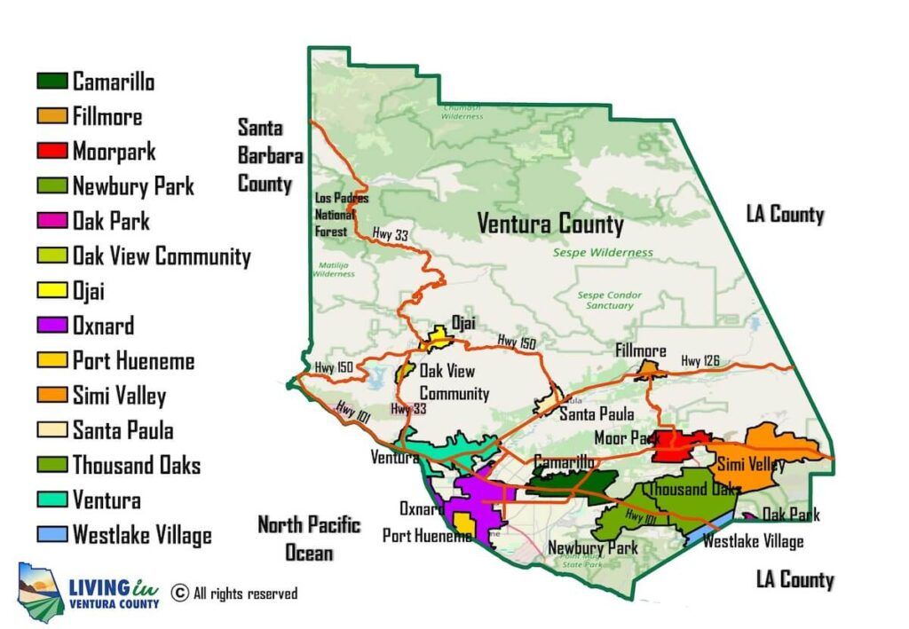 Map of Cities and towns in Ventura County, California